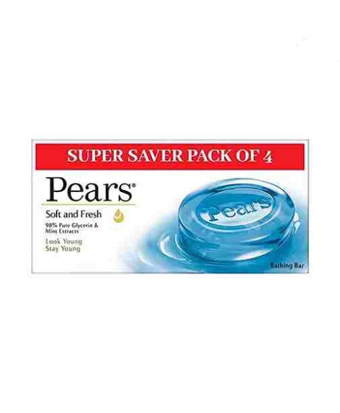 Pears Soft  Fresh Bathing Bar with Percent Pure Glycerine  Mint Extracts - For Fresh Glow (125g x 4) 